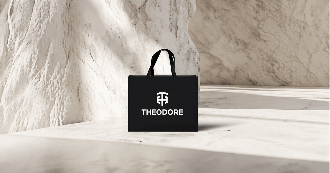 Black THEODORE shopping bag placed in a minimalist stone setting, highlighting luxury packaging and refined brand identity 