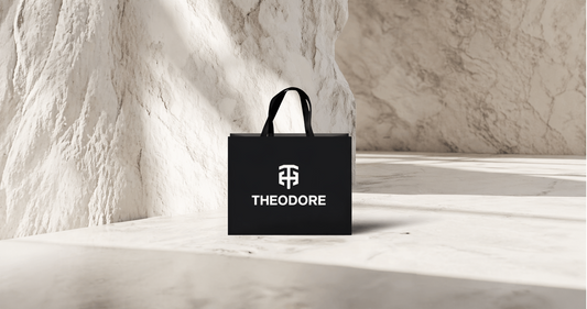 Black THEODORE shopping bag placed in a minimalist stone setting, highlighting luxury packaging and refined brand identity 