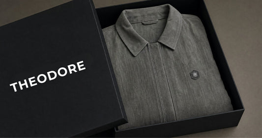 Olive THEODORE jacket presented inside a black branded gift box, featuring signature badge detail and luxury menswear packaging.